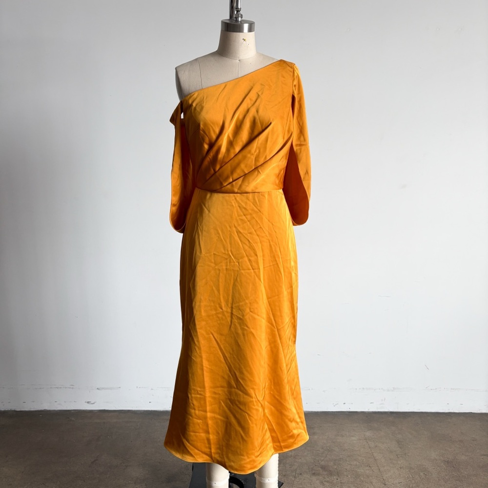 NWOT Theia One-Shoulder Midi Satin Dress in Yellow Sz 4